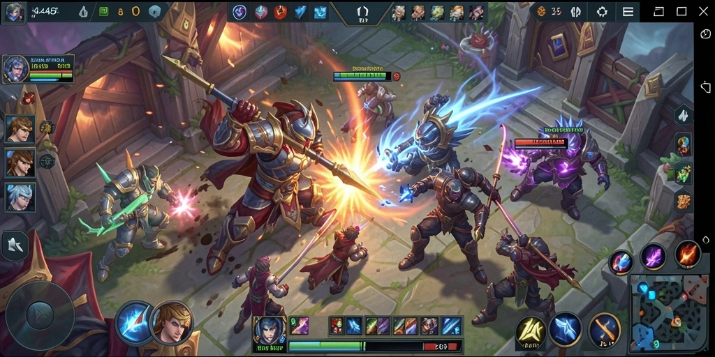 Screenshot gameplay MOBA yang menampilkan pertempuran tim yang menegangkan.