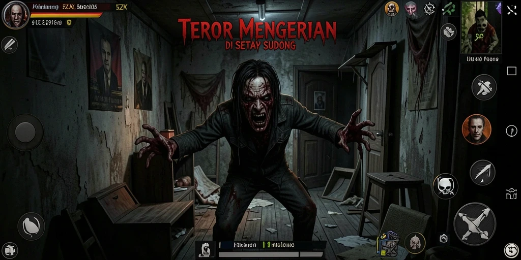 Screenshot gameplay <strong>5ZK</strong> menampilkan suasana mencekam dan efek visual yang menakutkan.