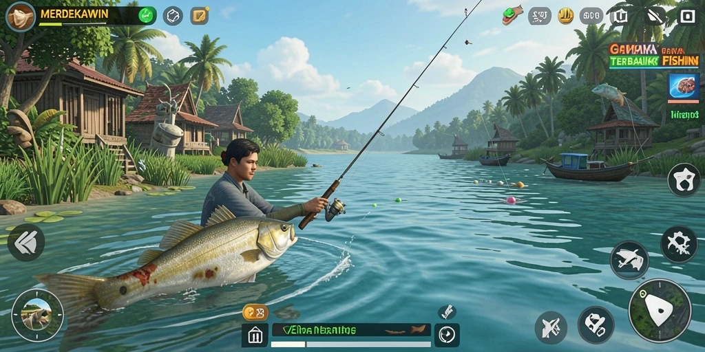 Tampilan gameplay yang realistis dalam MERDEKAWIN, menampilkan aktivitas memancing yang seru.