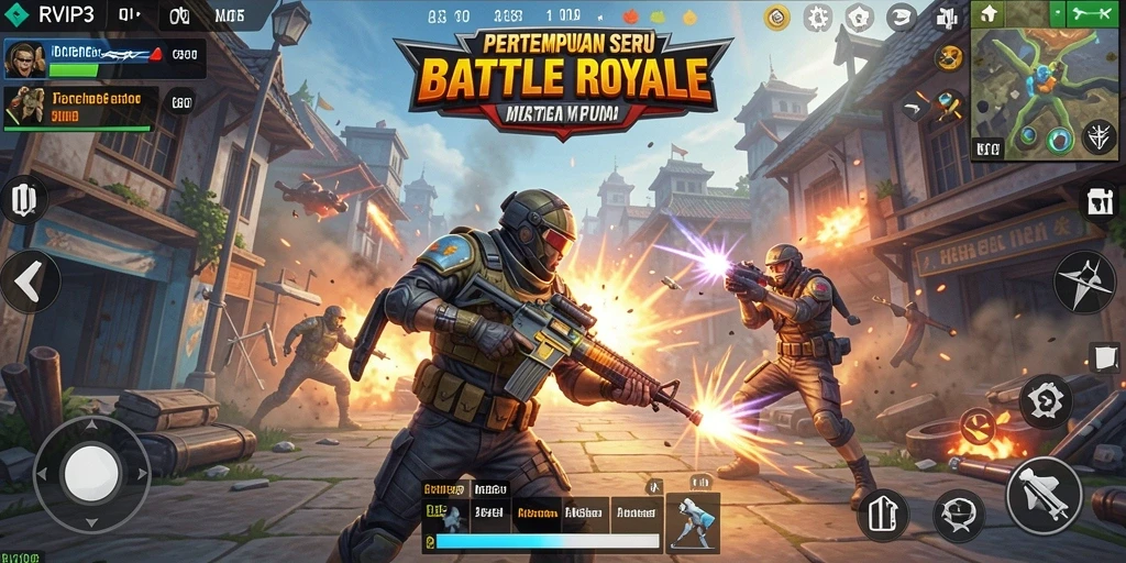 Screenshot gameplay RVIP3 menampilkan aksi seru di arena battle royale.